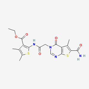 molecular formula C19H20N4O5S2 B4191862 Ethyl 2-[[2-(6-carbamoyl-5-methyl-4-oxothieno[2,3-d]pyrimidin-3-yl)acetyl]amino]-4,5-dimethylthiophene-3-carboxylate 