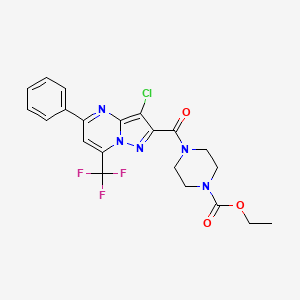 molecular formula C21H19ClF3N5O3 B4192635 ethyl 4-{[3-chloro-5-phenyl-7-(trifluoromethyl)pyrazolo[1,5-a]pyrimidin-2-yl]carbonyl}piperazine-1-carboxylate CAS No. 717827-76-4