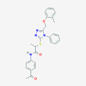 molecular formula C27H26N4O3S B419353 N-(4-acetylphenyl)-2-({5-[(2-methylphenoxy)methyl]-4-phenyl-4H-1,2,4-triazol-3-yl}sulfanyl)propanamide 