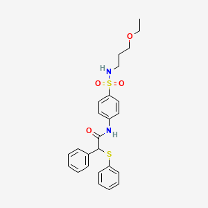 molecular formula C25H28N2O4S2 B4194138 N-{4-[(3-ethoxypropyl)sulfamoyl]phenyl}-2-phenyl-2-(phenylsulfanyl)acetamide 