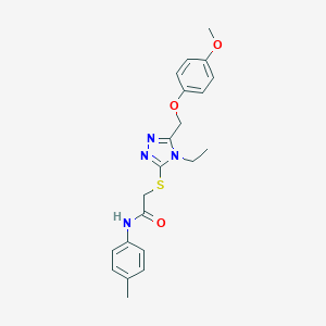 molecular formula C21H24N4O3S B419452 2-({4-ethyl-5-[(4-methoxyphenoxy)methyl]-4H-1,2,4-triazol-3-yl}sulfanyl)-N-(4-methylphenyl)acetamide 