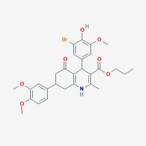 molecular formula C29H32BrNO7 B419547 Propyl 4-(3-bromo-4-hydroxy-5-methoxyphenyl)-7-(3,4-dimethoxyphenyl)-2-methyl-5-oxo-1,4,5,6,7,8-hexahydroquinoline-3-carboxylate CAS No. 494193-83-8