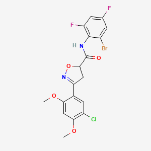 molecular formula C18H14BrClF2N2O4 B4196480 N~5~-(2-BROMO-4,6-DIFLUOROPHENYL)-3-(5-CHLORO-2,4-DIMETHOXYPHENYL)-4,5-DIHYDRO-5-ISOXAZOLECARBOXAMIDE 