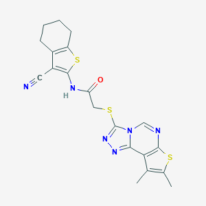 molecular formula C20H18N6OS3 B419655 N-(3-cyano-4,5,6,7-tetrahydro-1-benzothiophen-2-yl)-2-[(11,12-dimethyl-10-thia-3,4,6,8-tetrazatricyclo[7.3.0.02,6]dodeca-1(9),2,4,7,11-pentaen-5-yl)sulfanyl]acetamide 