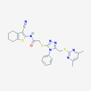 molecular formula C26H25N7OS3 B419680 N-(3-cyano-4,5,6,7-tetrahydro-1-benzothien-2-yl)-2-[(5-{[(4,6-dimethyl-2-pyrimidinyl)sulfanyl]methyl}-4-phenyl-4H-1,2,4-triazol-3-yl)sulfanyl]acetamide 