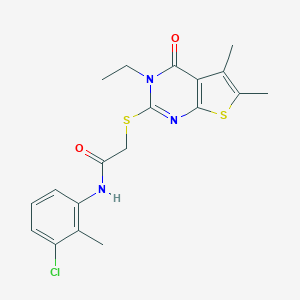 molecular formula C19H20ClN3O2S2 B419694 N-(3-Chloro-2-methylphenyl)-2-((3-ethyl-5,6-dimethyl-4-oxo-3,4-dihydrothieno[2,3-d]pyrimidin-2-yl)thio)acetamide CAS No. 335399-64-9
