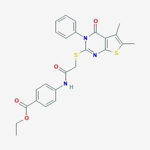 molecular formula C25H23N3O4S2 B419699 Ethyl 4-[[2-(5,6-dimethyl-4-oxo-3-phenylthieno[2,3-d]pyrimidin-2-yl)sulfanylacetyl]amino]benzoate CAS No. 335399-76-3