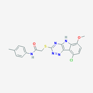 molecular formula C19H16ClN5O2S B419713 2-[(9-chloro-6-methoxy-5H-[1,2,4]triazino[5,6-b]indol-3-yl)sulfanyl]-N-(4-methylphenyl)acetamide 