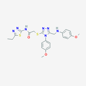 molecular formula C23H25N7O3S2 B419844 N-(5-Ethyl-1,3,4-thiadiazol-2-yl)-2-((4-(4-methoxyphenyl)-5-(((4-methoxyphenyl)amino)methyl)-4H-1,2,4-triazol-3-yl)thio)acetamide CAS No. 335402-09-0
