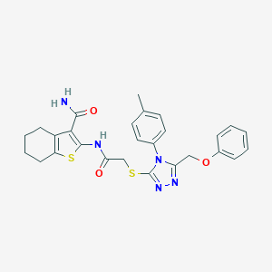 molecular formula C27H27N5O3S2 B419925 2-[({[4-(4-methylphenyl)-5-(phenoxymethyl)-4H-1,2,4-triazol-3-yl]sulfanyl}acetyl)amino]-4,5,6,7-tetrahydro-1-benzothiophene-3-carboxamide 