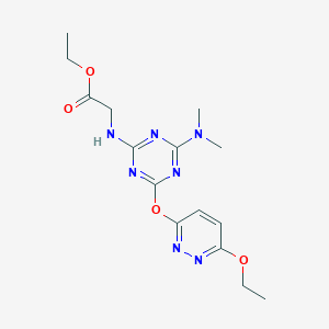 molecular formula C15H21N7O4 B4199414 Ethyl 2-[[4-(dimethylamino)-6-(6-ethoxypyridazin-3-yl)oxy-1,3,5-triazin-2-yl]amino]acetate 