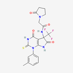molecular formula C20H18F3N5O4S B4199569 N-[1-(3-Methylphenyl)-4,6-dioxo-2-sulfanylidene-5-(trifluoromethyl)-1H,2H,3H,4H,5H,6H,7H-pyrrolo[2,3-D]pyrimidin-5-YL]-2-(2-oxopyrrolidin-1-YL)acetamide 