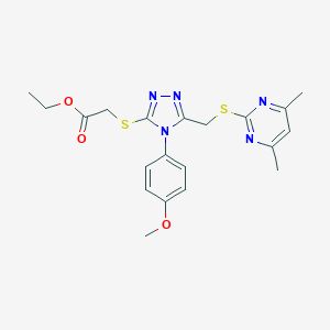 molecular formula C20H23N5O3S2 B420049 ETHYL 2-[(5-{[(4,6-DIMETHYLPYRIMIDIN-2-YL)SULFANYL]METHYL}-4-(4-METHOXYPHENYL)-4H-1,2,4-TRIAZOL-3-YL)SULFANYL]ACETATE 