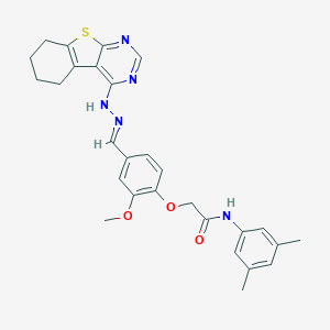 molecular formula C28H29N5O3S B420116 N-(3,5-dimethylphenyl)-2-{2-methoxy-4-[2-(5,6,7,8-tetrahydro[1]benzothieno[2,3-d]pyrimidin-4-yl)carbohydrazonoyl]phenoxy}acetamide 