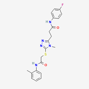 molecular formula C21H22FN5O2S B4202650 N-(4-fluorophenyl)-3-[4-methyl-5-({2-[(2-methylphenyl)amino]-2-oxoethyl}sulfanyl)-4H-1,2,4-triazol-3-yl]propanamide 