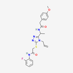 molecular formula C24H26FN5O3S B4204718 N-{1-[5-({2-[(2-fluorophenyl)amino]-2-oxoethyl}sulfanyl)-4-(prop-2-en-1-yl)-4H-1,2,4-triazol-3-yl]ethyl}-2-(4-methoxyphenyl)acetamide 