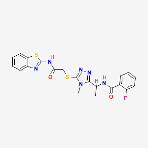 molecular formula C21H19FN6O2S2 B4205261 N-[1-[5-[2-(1,3-benzothiazol-2-ylamino)-2-oxoethyl]sulfanyl-4-methyl-1,2,4-triazol-3-yl]ethyl]-2-fluorobenzamide 