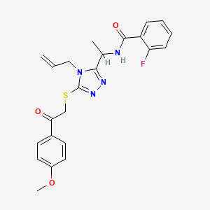 molecular formula C23H23FN4O3S B4205312 2-fluoro-N-[1-[5-[2-(4-methoxyphenyl)-2-oxoethyl]sulfanyl-4-prop-2-enyl-1,2,4-triazol-3-yl]ethyl]benzamide 