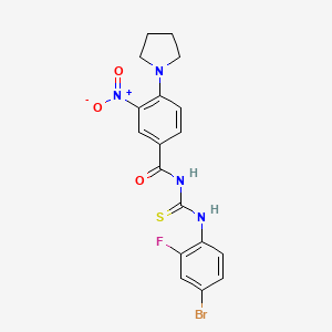 molecular formula C18H16BrFN4O3S B4205538 N-{[(4-bromo-2-fluorophenyl)amino]carbonothioyl}-3-nitro-4-(1-pyrrolidinyl)benzamide 