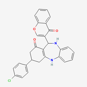 molecular formula C28H21ClN2O3 B4207755 3-(4-chlorophenyl)-11-(4-oxo-4H-chromen-3-yl)-2,3,4,5,10,11-hexahydro-1H-dibenzo[b,e][1,4]diazepin-1-one 