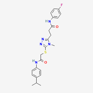 molecular formula C23H26FN5O2S B4207928 N-(4-fluorophenyl)-3-{4-methyl-5-[(2-oxo-2-{[4-(propan-2-yl)phenyl]amino}ethyl)sulfanyl]-4H-1,2,4-triazol-3-yl}propanamide 