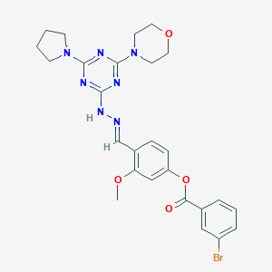 molecular formula C26H28BrN7O4 B420877 3-methoxy-4-{2-[4-(4-morpholinyl)-6-(1-pyrrolidinyl)-1,3,5-triazin-2-yl]carbohydrazonoyl}phenyl 3-bromobenzoate 