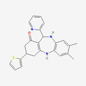molecular formula C24H23N3OS B4208793 7,8-dimethyl-11-(2-pyridinyl)-3-(2-thienyl)-2,3,4,5,10,11-hexahydro-1H-dibenzo[b,e][1,4]diazepin-1-one 