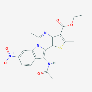 molecular formula C20H18N4O5S B421243 ethyl 16-acetamido-4,8-dimethyl-12-nitro-3-thia-7,9-diazatetracyclo[7.7.0.02,6.010,15]hexadeca-1(16),2(6),4,7,10(15),11,13-heptaene-5-carboxylate 