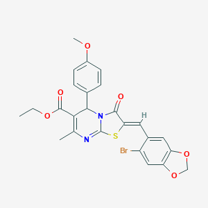 molecular formula C25H21BrN2O6S B421749 ETHYL (2Z)-2-[(6-BROMO-2H-1,3-BENZODIOXOL-5-YL)METHYLIDENE]-5-(4-METHOXYPHENYL)-7-METHYL-3-OXO-2H,3H,5H-[1,3]THIAZOLO[3,2-A]PYRIMIDINE-6-CARBOXYLATE 