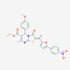 molecular formula C28H23N3O7S B421751 ETHYL (2Z)-5-(4-METHOXYPHENYL)-7-METHYL-2-{[5-(4-NITROPHENYL)FURAN-2-YL]METHYLIDENE}-3-OXO-2H,3H,5H-[1,3]THIAZOLO[3,2-A]PYRIMIDINE-6-CARBOXYLATE 