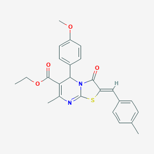 molecular formula C25H24N2O4S B421755 ETHYL (2Z)-5-(4-METHOXYPHENYL)-7-METHYL-2-[(4-METHYLPHENYL)METHYLIDENE]-3-OXO-2H,3H,5H-[1,3]THIAZOLO[3,2-A]PYRIMIDINE-6-CARBOXYLATE 