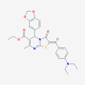 molecular formula C28H29N3O5S B421757 ETHYL (2Z)-5-(2H-1,3-BENZODIOXOL-5-YL)-2-{[4-(DIETHYLAMINO)PHENYL]METHYLIDENE}-7-METHYL-3-OXO-2H,3H,5H-[1,3]THIAZOLO[3,2-A]PYRIMIDINE-6-CARBOXYLATE 