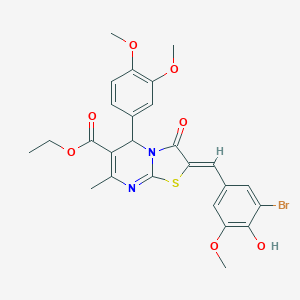 molecular formula C26H25BrN2O7S B421760 ETHYL (2Z)-2-[(3-BROMO-4-HYDROXY-5-METHOXYPHENYL)METHYLIDENE]-5-(3,4-DIMETHOXYPHENYL)-7-METHYL-3-OXO-2H,3H,5H-[1,3]THIAZOLO[3,2-A]PYRIMIDINE-6-CARBOXYLATE 