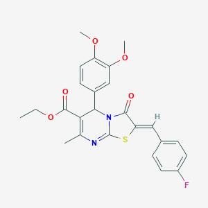 molecular formula C25H23FN2O5S B421761 ethyl 5-(3,4-dimethoxyphenyl)-2-(4-fluorobenzylidene)-7-methyl-3-oxo-2,3-dihydro-5H-[1,3]thiazolo[3,2-a]pyrimidine-6-carboxylate 