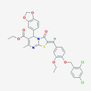 molecular formula C33H28Cl2N2O7S B421762 ETHYL (2Z)-5-(2H-1,3-BENZODIOXOL-5-YL)-2-({4-[(2,4-DICHLOROPHENYL)METHOXY]-3-ETHOXYPHENYL}METHYLIDENE)-7-METHYL-3-OXO-2H,3H,5H-[1,3]THIAZOLO[3,2-A]PYRIMIDINE-6-CARBOXYLATE 
