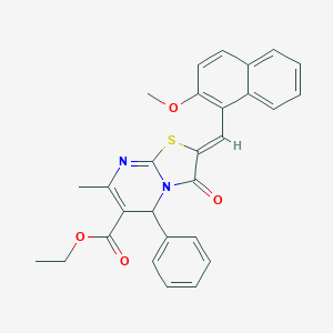 molecular formula C28H24N2O4S B421763 ETHYL (2Z)-2-[(2-METHOXYNAPHTHALEN-1-YL)METHYLIDENE]-7-METHYL-3-OXO-5-PHENYL-2H,3H,5H-[1,3]THIAZOLO[3,2-A]PYRIMIDINE-6-CARBOXYLATE 