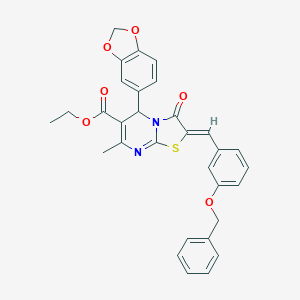 molecular formula C31H26N2O6S B421764 ETHYL (2Z)-5-(2H-1,3-BENZODIOXOL-5-YL)-2-{[3-(BENZYLOXY)PHENYL]METHYLIDENE}-7-METHYL-3-OXO-2H,3H,5H-[1,3]THIAZOLO[3,2-A]PYRIMIDINE-6-CARBOXYLATE 