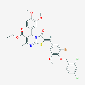 molecular formula C33H29BrCl2N2O7S B421790 ETHYL (2Z)-2-({3-BROMO-4-[(2,4-DICHLOROPHENYL)METHOXY]-5-METHOXYPHENYL}METHYLIDENE)-5-(3,4-DIMETHOXYPHENYL)-7-METHYL-3-OXO-2H,3H,5H-[1,3]THIAZOLO[3,2-A]PYRIMIDINE-6-CARBOXYLATE 