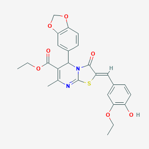 molecular formula C26H24N2O7S B421792 ETHYL (2Z)-5-(2H-1,3-BENZODIOXOL-5-YL)-2-[(3-ETHOXY-4-HYDROXYPHENYL)METHYLIDENE]-7-METHYL-3-OXO-2H,3H,5H-[1,3]THIAZOLO[3,2-A]PYRIMIDINE-6-CARBOXYLATE 