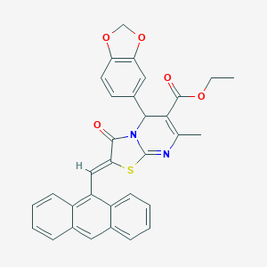 molecular formula C32H24N2O5S B421794 ETHYL (2Z)-2-[(ANTHRACEN-9-YL)METHYLIDENE]-5-(2H-1,3-BENZODIOXOL-5-YL)-7-METHYL-3-OXO-2H,3H,5H-[1,3]THIAZOLO[3,2-A]PYRIMIDINE-6-CARBOXYLATE 