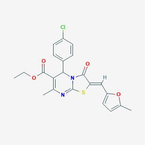 molecular formula C22H19ClN2O4S B421798 ETHYL (2Z)-5-(4-CHLOROPHENYL)-7-METHYL-2-[(5-METHYLFURAN-2-YL)METHYLIDENE]-3-OXO-2H,3H,5H-[1,3]THIAZOLO[3,2-A]PYRIMIDINE-6-CARBOXYLATE 