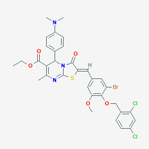 molecular formula C33H30BrCl2N3O5S B421799 ETHYL (2Z)-2-({3-BROMO-4-[(2,4-DICHLOROPHENYL)METHOXY]-5-METHOXYPHENYL}METHYLIDENE)-5-[4-(DIMETHYLAMINO)PHENYL]-7-METHYL-3-OXO-2H,3H,5H-[1,3]THIAZOLO[3,2-A]PYRIMIDINE-6-CARBOXYLATE 