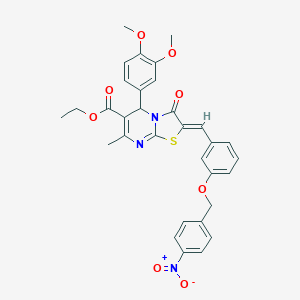 molecular formula C32H29N3O8S B421800 ETHYL (2Z)-5-(3,4-DIMETHOXYPHENYL)-7-METHYL-2-({3-[(4-NITROPHENYL)METHOXY]PHENYL}METHYLIDENE)-3-OXO-2H,3H,5H-[1,3]THIAZOLO[3,2-A]PYRIMIDINE-6-CARBOXYLATE CAS No. 5668-65-5