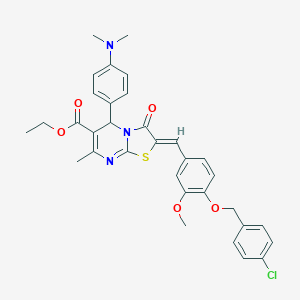 molecular formula C33H32ClN3O5S B421804 ETHYL (2Z)-2-({4-[(4-CHLOROPHENYL)METHOXY]-3-METHOXYPHENYL}METHYLIDENE)-5-[4-(DIMETHYLAMINO)PHENYL]-7-METHYL-3-OXO-2H,3H,5H-[1,3]THIAZOLO[3,2-A]PYRIMIDINE-6-CARBOXYLATE 