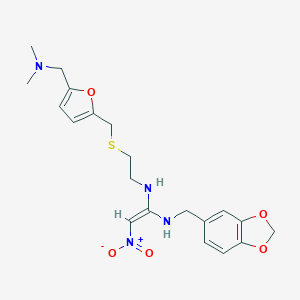 (E)-1-N'-(1,3-Benzodioxol-5-ylmethyl)-1-N-[2-[[5-[(dimethylamino)methyl]furan-2-yl]methylsulfanyl]ethyl]-2-nitroethene-1,1-diamine