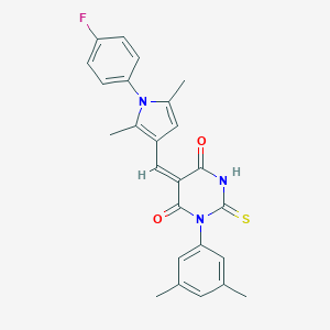 molecular formula C25H22FN3O2S B422117 (5E)-1-(3,5-DIMETHYLPHENYL)-5-{[1-(4-FLUOROPHENYL)-2,5-DIMETHYL-1H-PYRROL-3-YL]METHYLIDENE}-2-SULFANYLIDENE-1,3-DIAZINANE-4,6-DIONE 