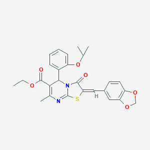 molecular formula C27H26N2O6S B422217 ethyl (2E)-2-(1,3-benzodioxol-5-ylmethylidene)-7-methyl-3-oxo-5-(2-propan-2-yloxyphenyl)-5H-[1,3]thiazolo[3,2-a]pyrimidine-6-carboxylate 