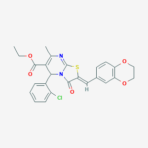 molecular formula C25H21ClN2O5S B422222 ethyl 5-(2-chlorophenyl)-2-(2,3-dihydro-1,4-benzodioxin-6-ylmethylene)-7-methyl-3-oxo-2,3-dihydro-5H-[1,3]thiazolo[3,2-a]pyrimidine-6-carboxylate 