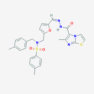 6-methyl-N-[(Z)-[5-[[(4-methylphenyl)methyl-(4-methylphenyl)sulfonylamino]methyl]furan-2-yl]methylideneamino]imidazo[2,1-b][1,3]thiazole-5-carboxamide