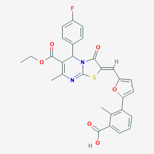 3-{5-[(6-(ethoxycarbonyl)-5-(4-fluorophenyl)-7-methyl-3-oxo-5H-[1,3]thiazolo[3,2-a]pyrimidin-2(3H)-ylidene)methyl]-2-furyl}-2-methylbenzoic acid